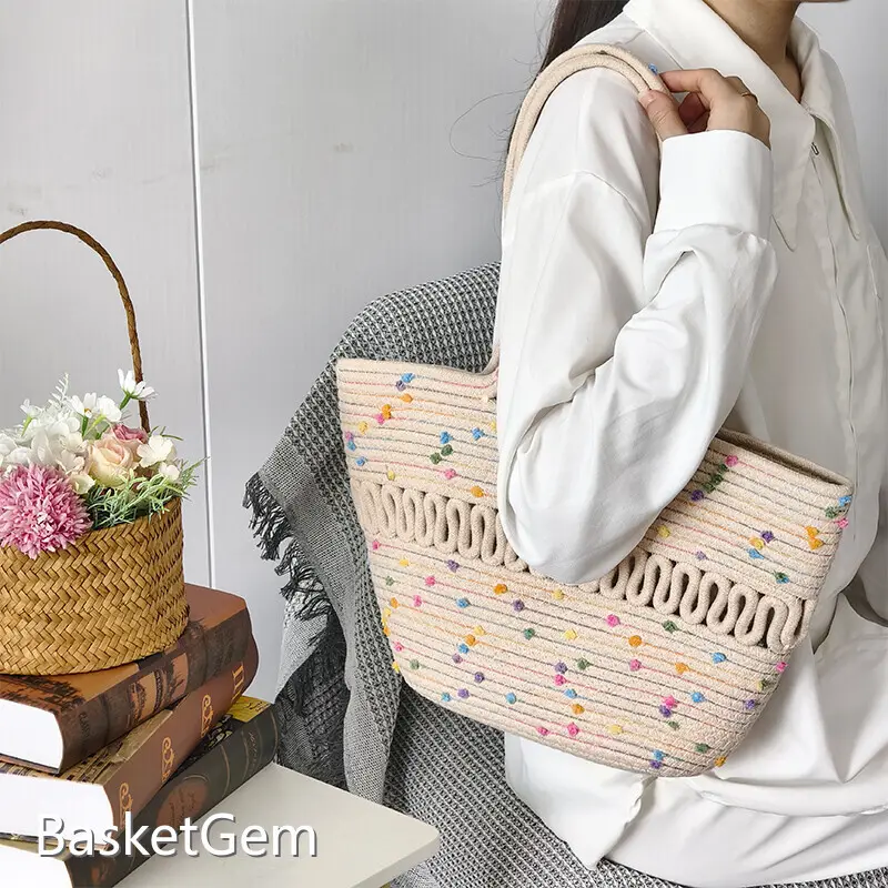 Basket Gem  One-shoulder and Open Carving  Large Capacity  Cotton Thread Bag  Environmental Materials   Degradable-1 1