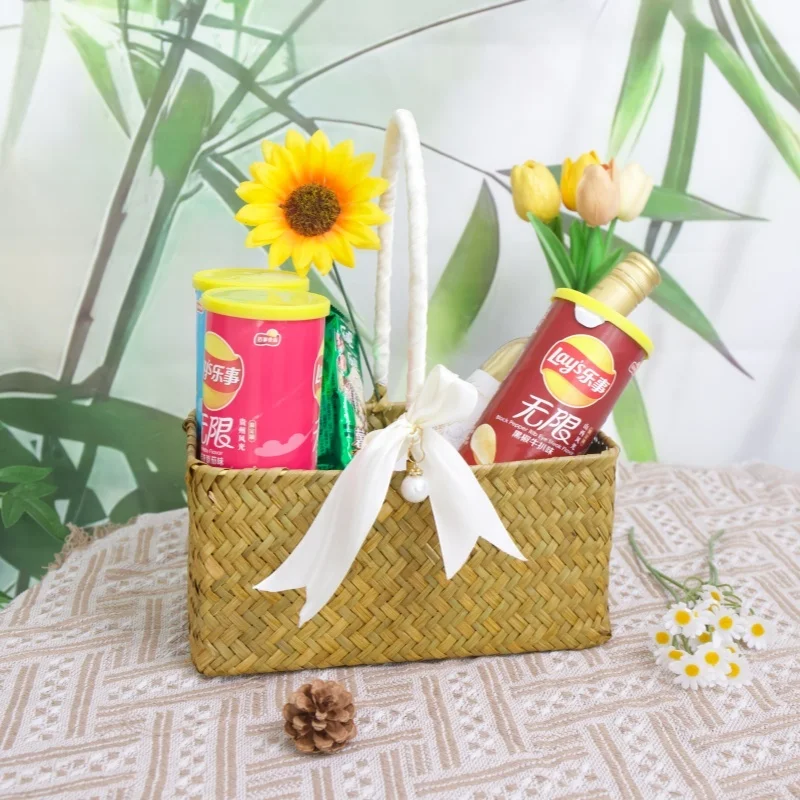 Cestas de almacenamiento de paja de estilo pastoral con decoración de la cinta, adecuado para cestas de compras 1