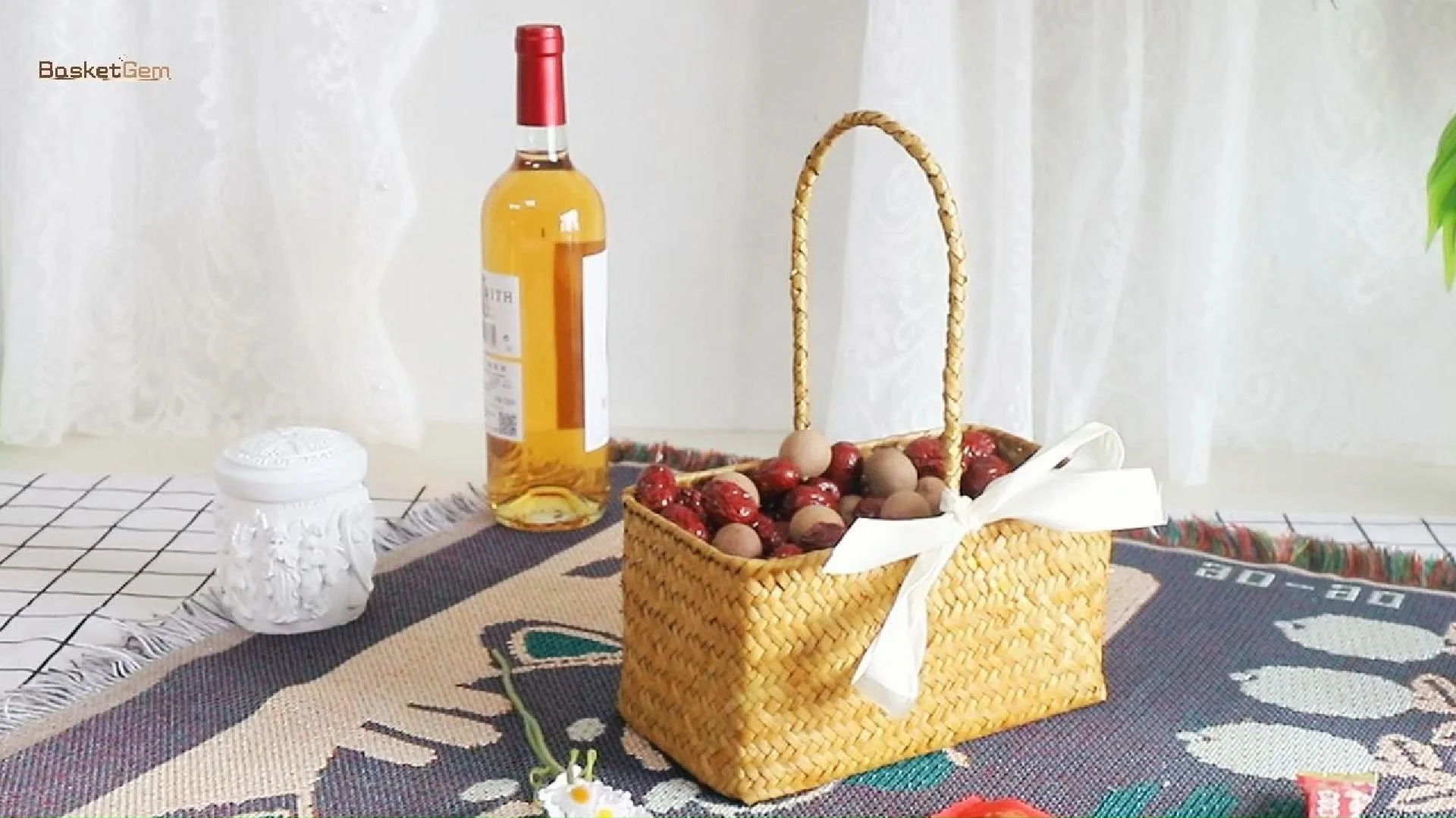 Panier de fruits de paille avec décoration d'arc, Soutenir la personnalisation OEM et ODM 1