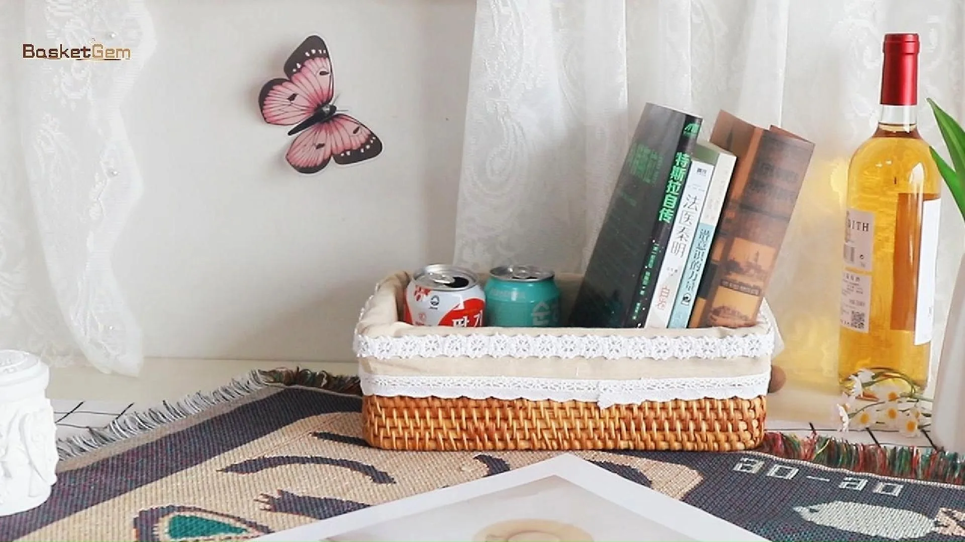 Natural rattan rectangular storage basket, soft cotton and linen lining + romantic lace, practical and beautiful 1