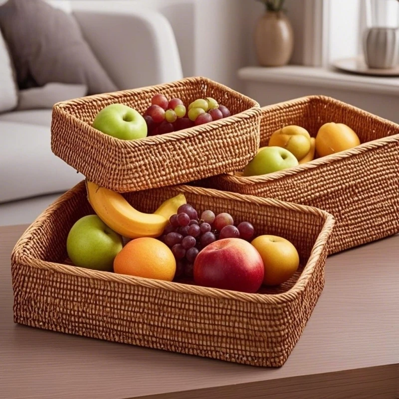 Natural wood color tightly woven rattan tray in three sizes for home or hotel 1