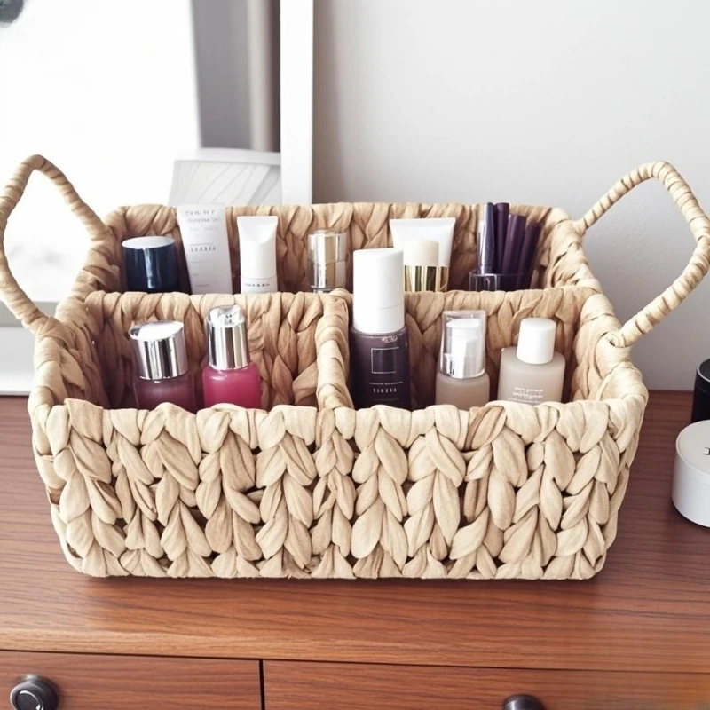 Pastoral style partitioned straw storage baskets with a double-handle design suitable for desktop storage 1