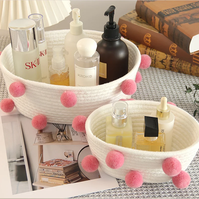 North European style Cotton Rope Basket with fur balls and matching color design 1