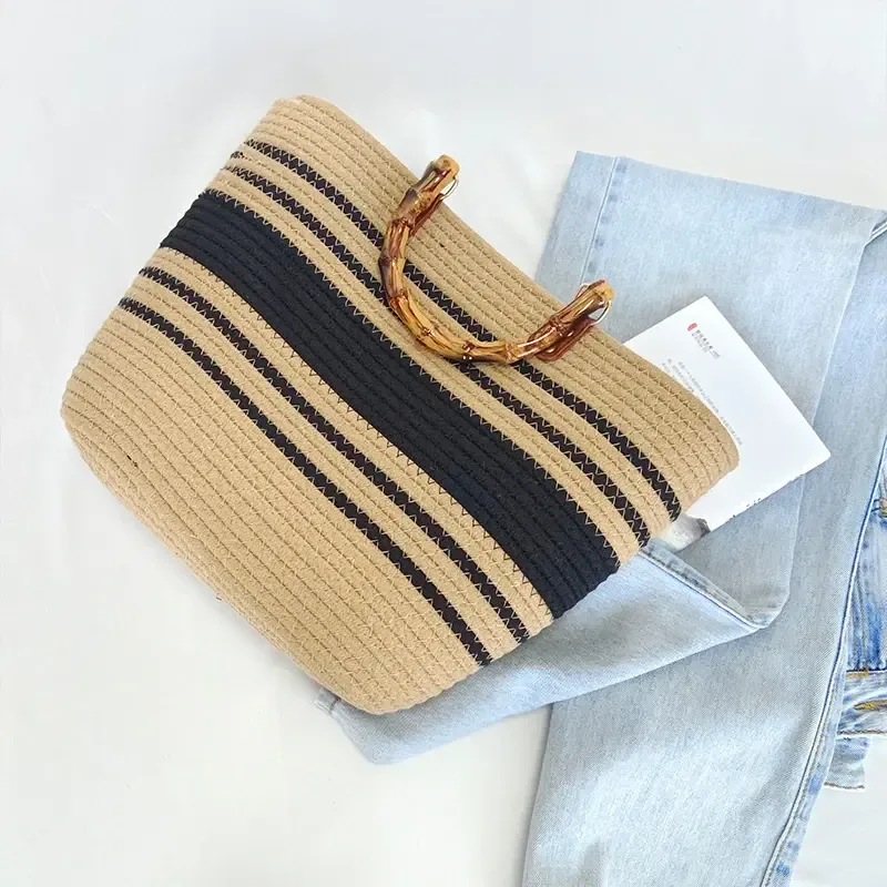 Korg Gem bomull vävande handväska enkla linjer bambu handtag förvaring vävväska bomull Rep Bag 1