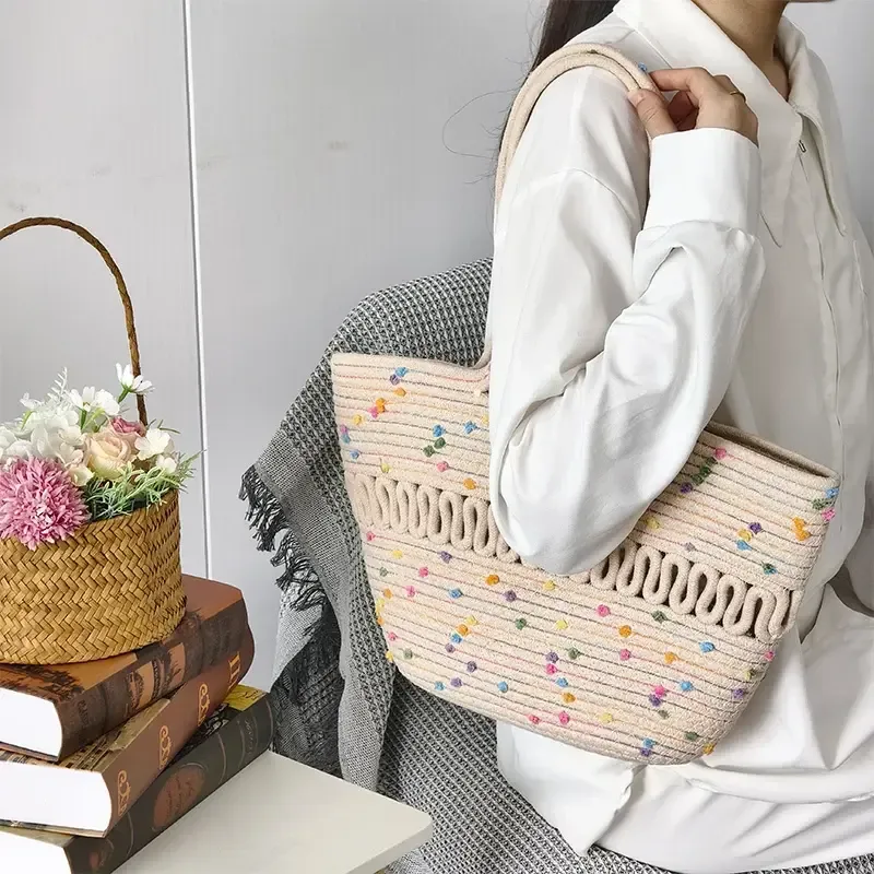 Basket Gem  one-shoulder and open carving  large capacity  cotton thread bag  environmental materials   degradable 1