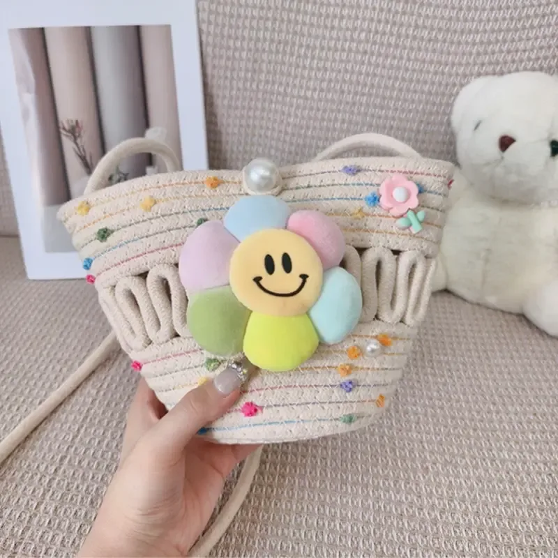 Basket Gem  lovely and all-match  flower smiling face  high quality cotton rope weaving   children one- shoulder bag    cotton rope kids handbags 1