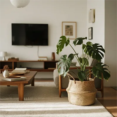 Vardagsrummets &quot;atmosfär&quot;-ansvar: handvävda korgar + gröna växter, förbättrar direkt hemmets textur