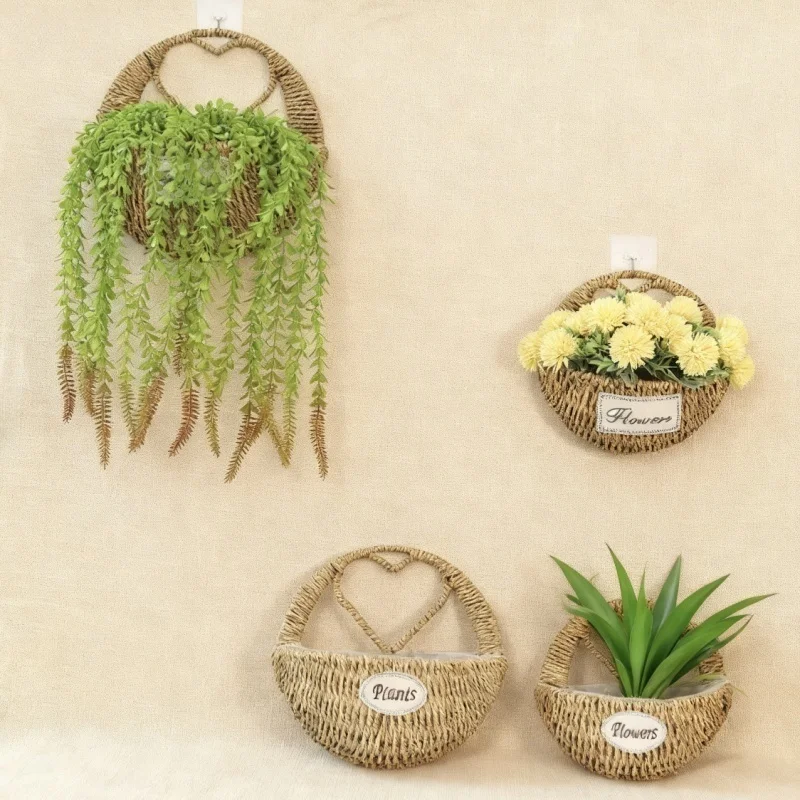 Cesto de flores de parede em forma de coração, trançado em palha, para pendurar na parede, decoração de parede. 1