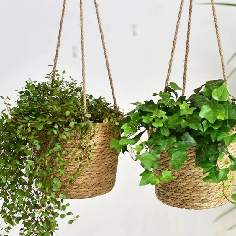 Panier suspendu en paille, pot de fleurs en paille, panier décoratif suspendu pour plante verte de balcon 1