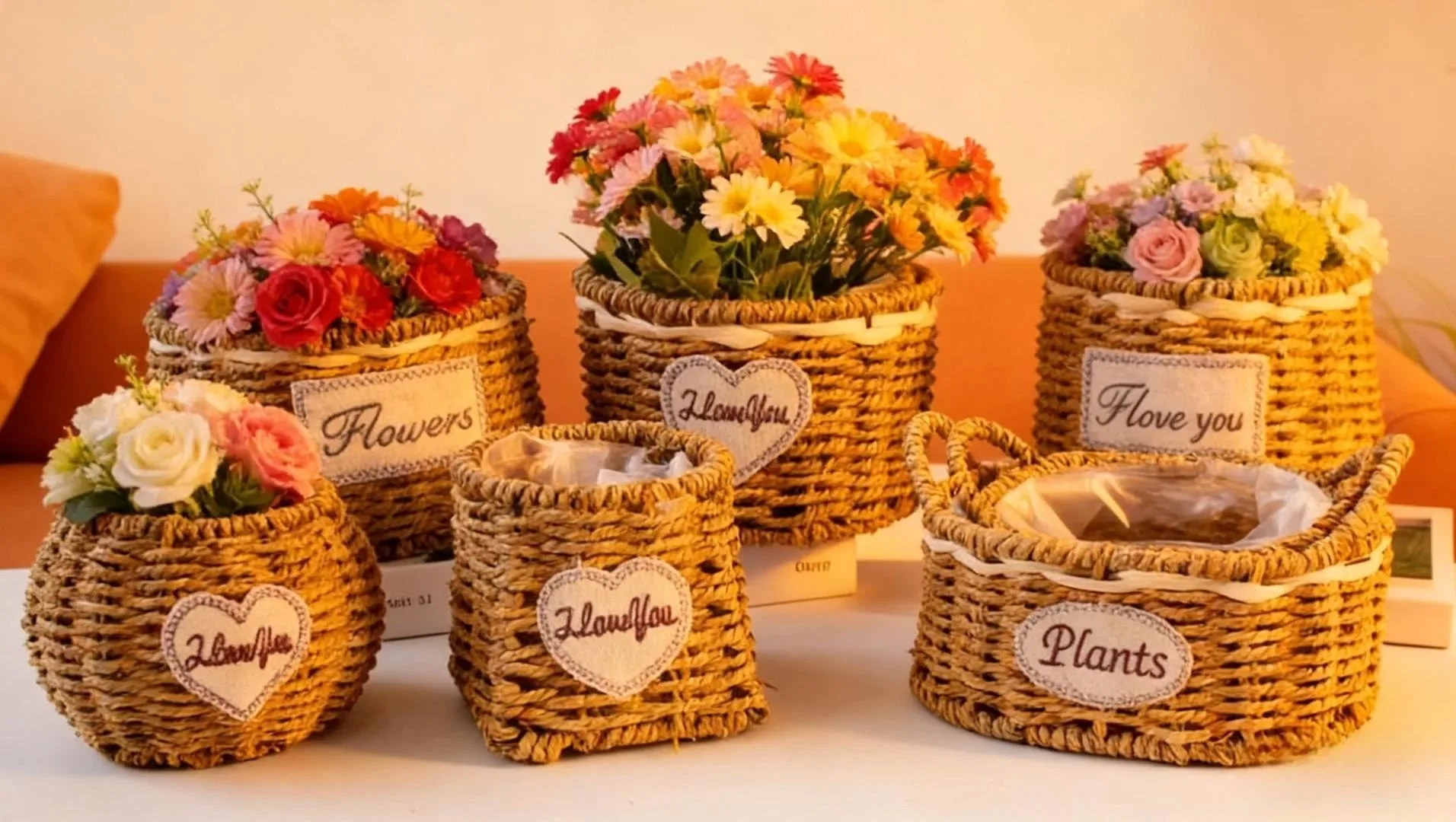 Various styles of woven straw flower pots and baskets, green plant decoration baskets 1