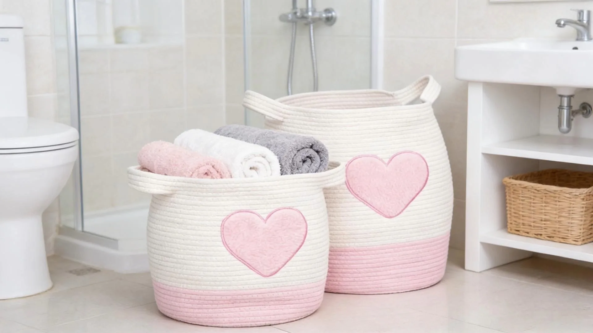 Cesta de lavandería de algodón de amor rosa y blanco 1