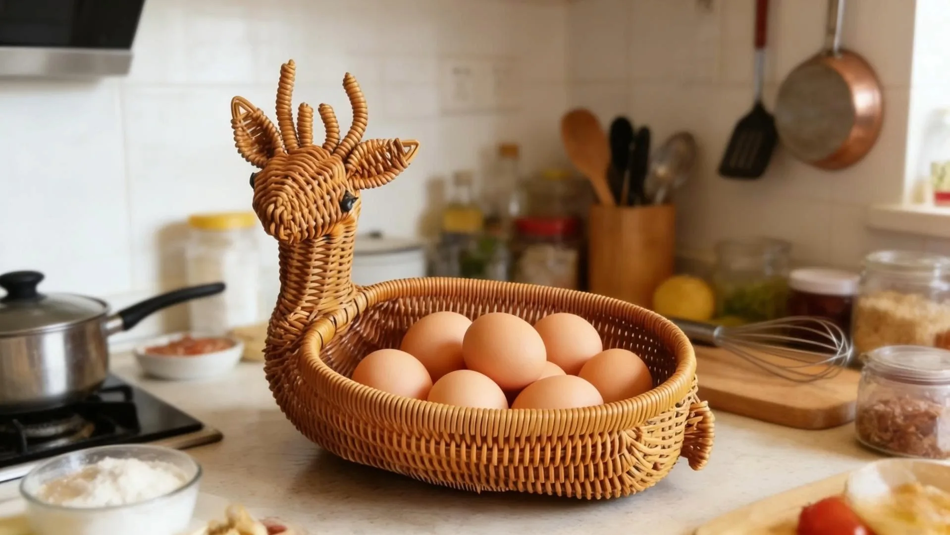 クリスマスの必需品！ユニークなトナカイ型の籐製収納バスケット。 1