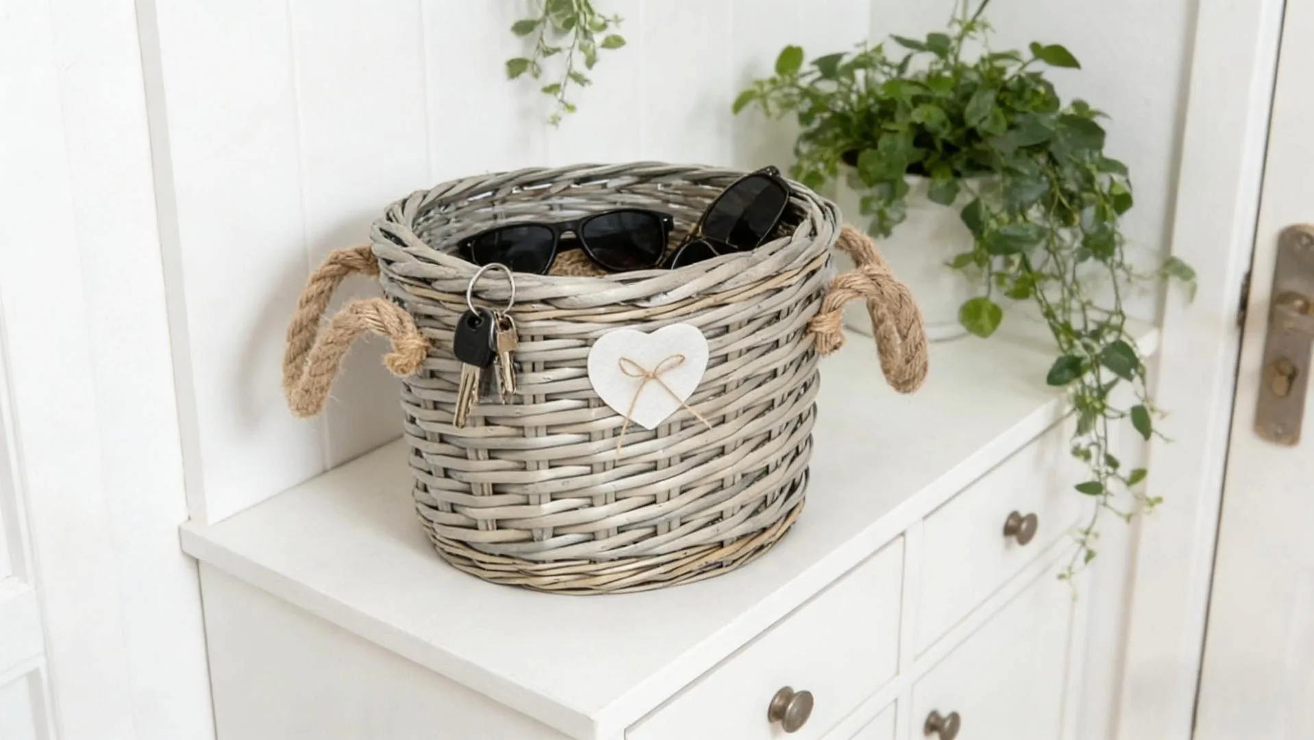 ダブルハンドルの暗い灰色の円筒形のウィローストレージバスケット 1