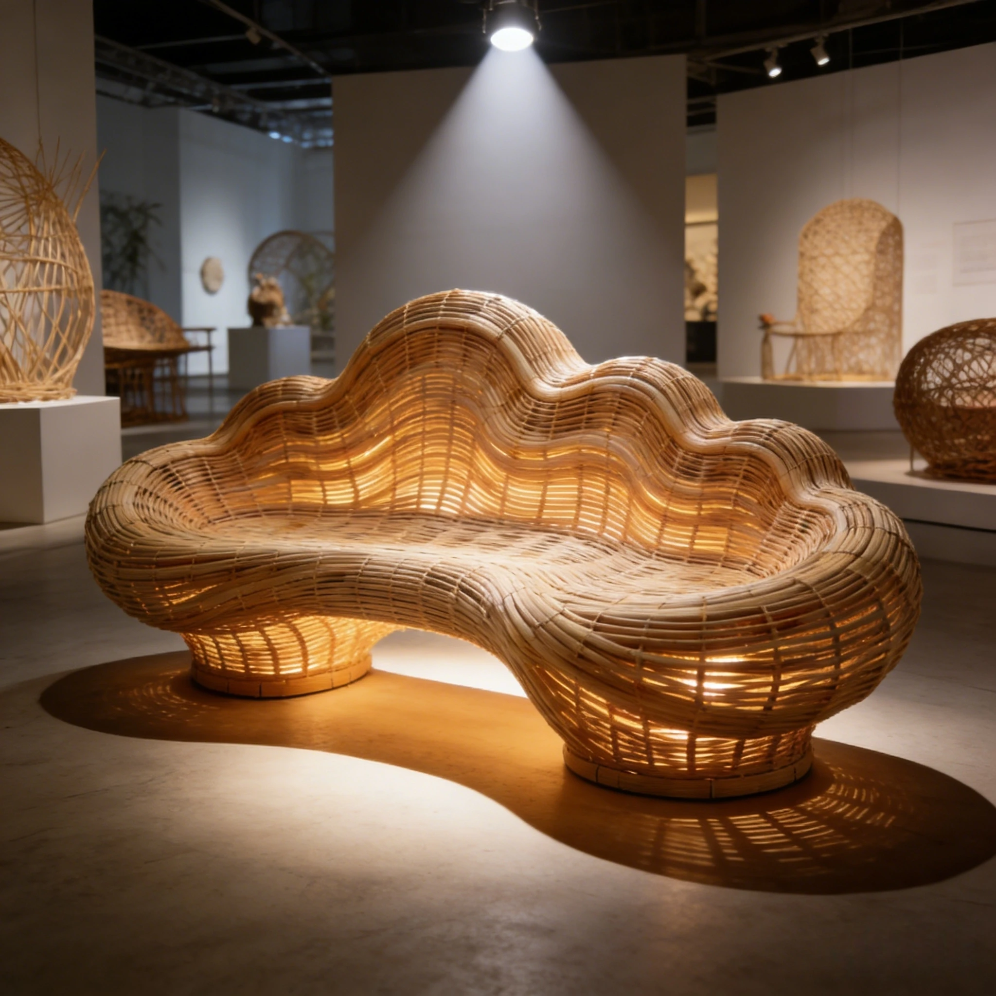 Custom Handwoven Wicker Cloud Bench with Light – Length  Curve  Glow Options 1