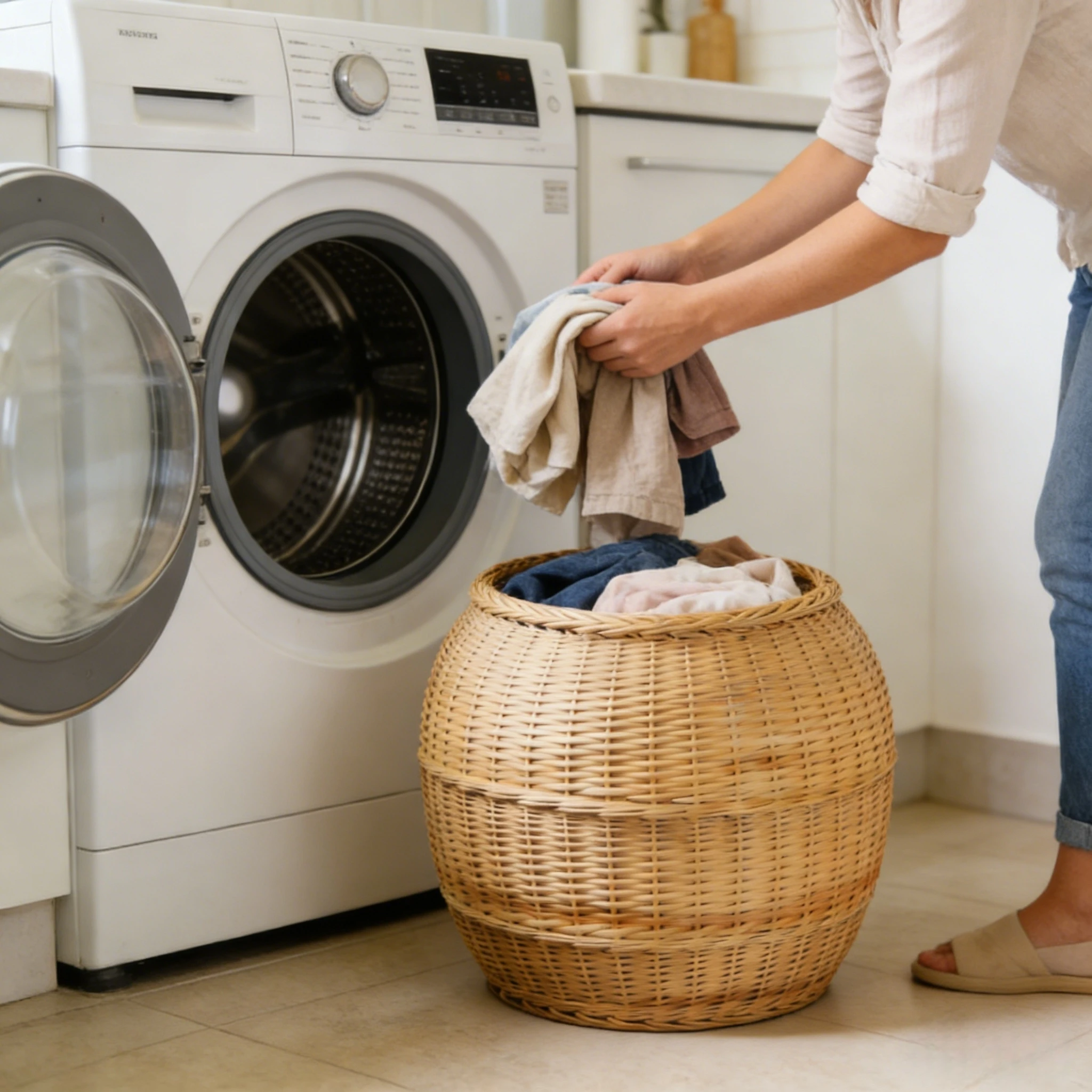 Anpassad rottingtvättkorg handgjord rund förvaringskorg med andningsbar väv 1