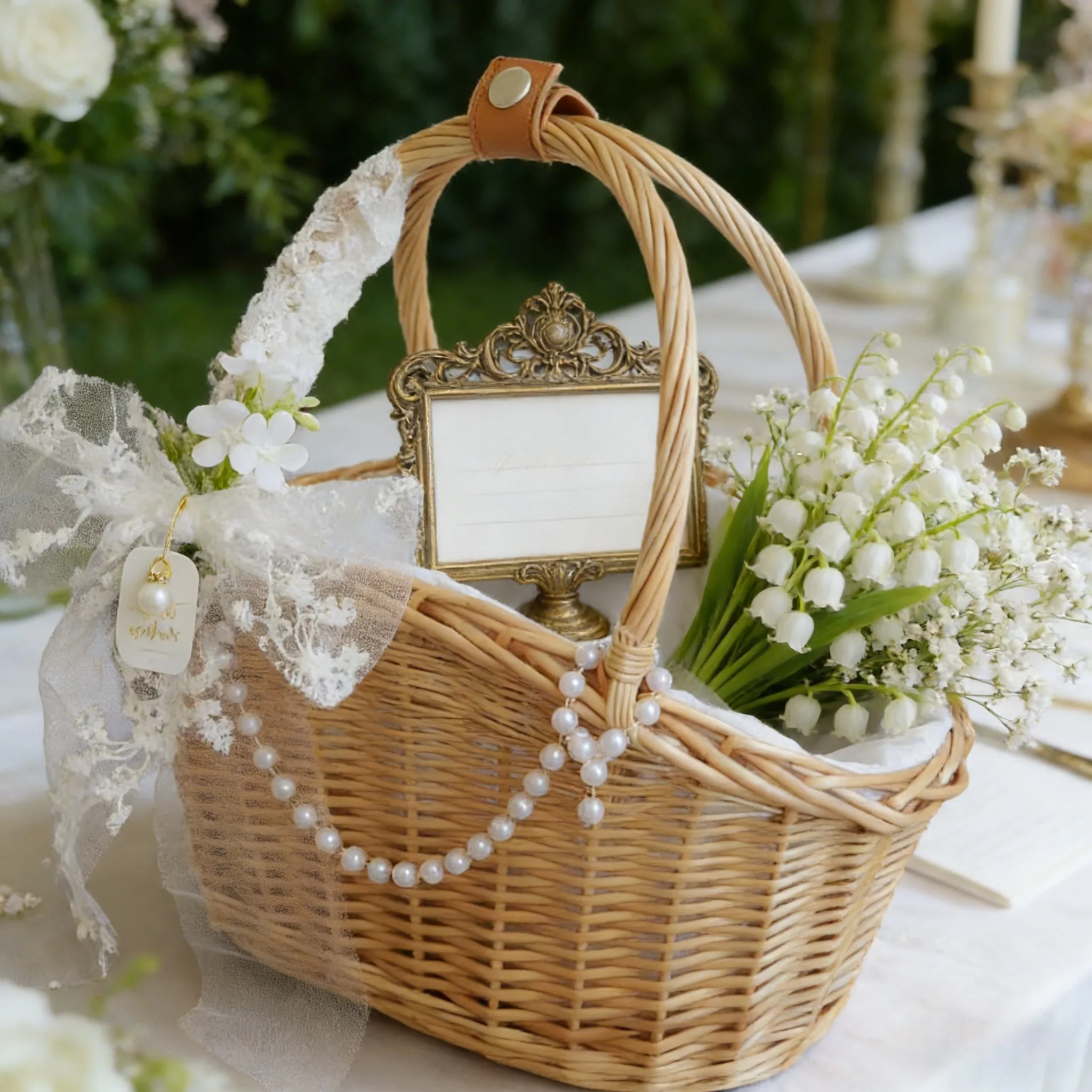 Custom Wicker Lace Pearl Handheld Basket with Leather Handle 1