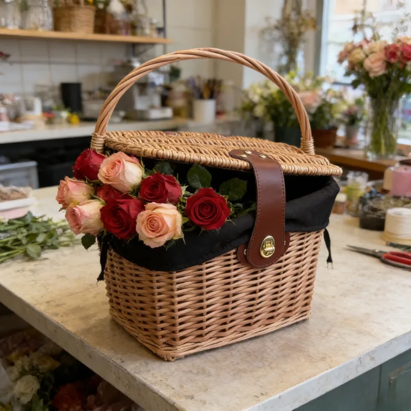 Kapaklı, deri kilitli, çıkarılabilir astarlı ve çevre dostu tasarımlı özel hasır piknik sepeti. 1