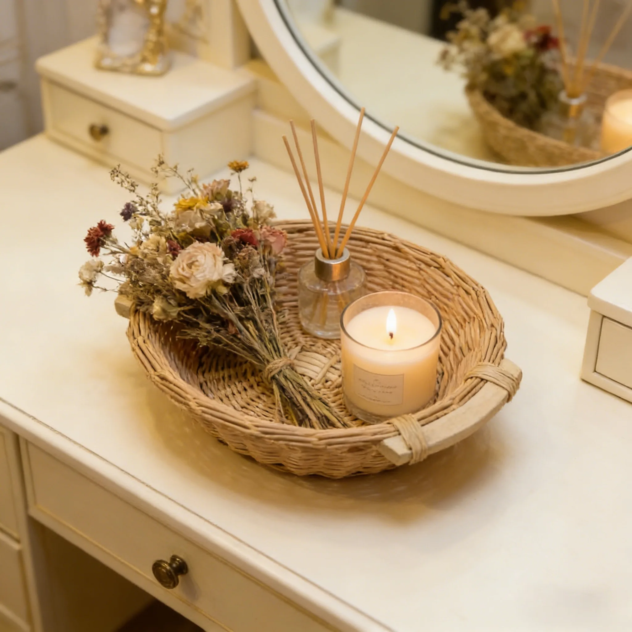 Vollständig individualisierbares rundes Aufbewahrungstablett aus Weide – maßgeschneidert für Marken und Designer 1