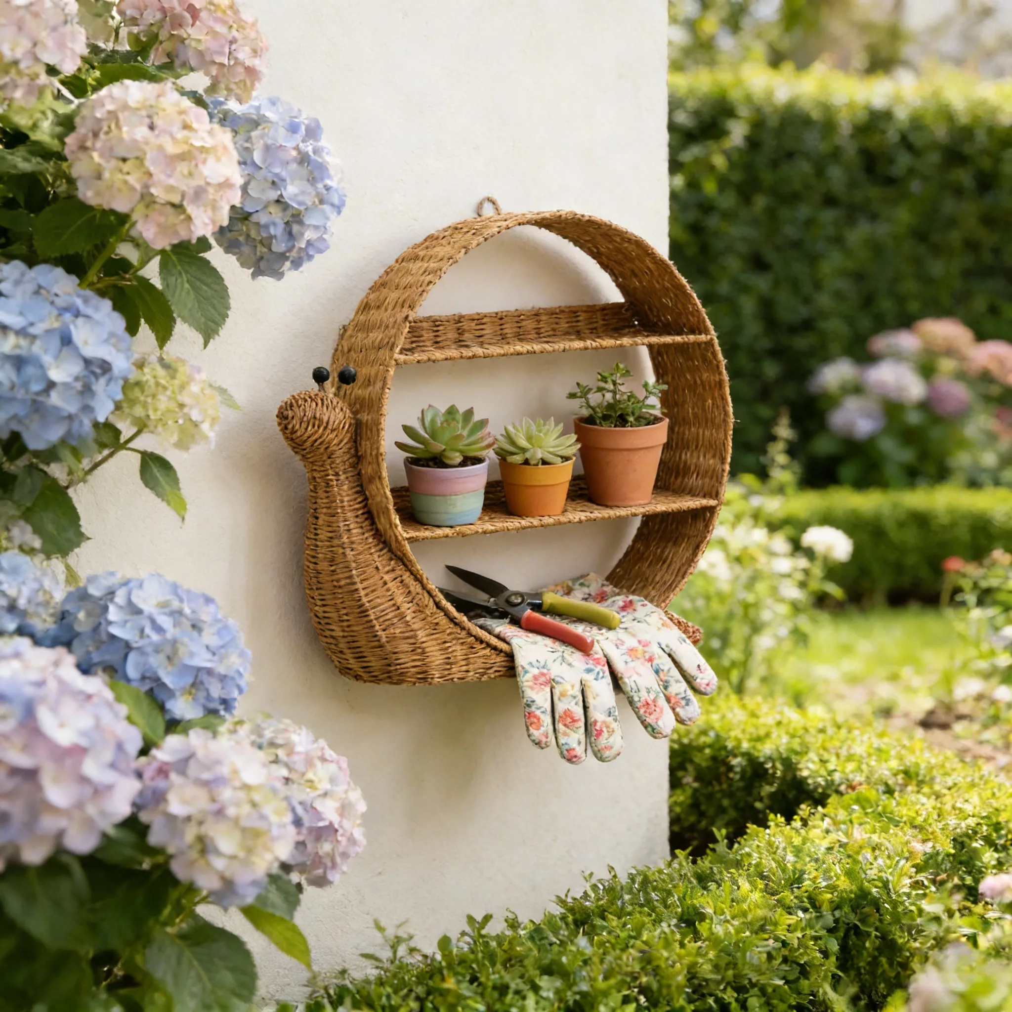 Individuell gestalteter Aufbewahrungskorb aus Weide in Schneckenform – Tiermotiv – Größe und Farbe personalisierbar 1