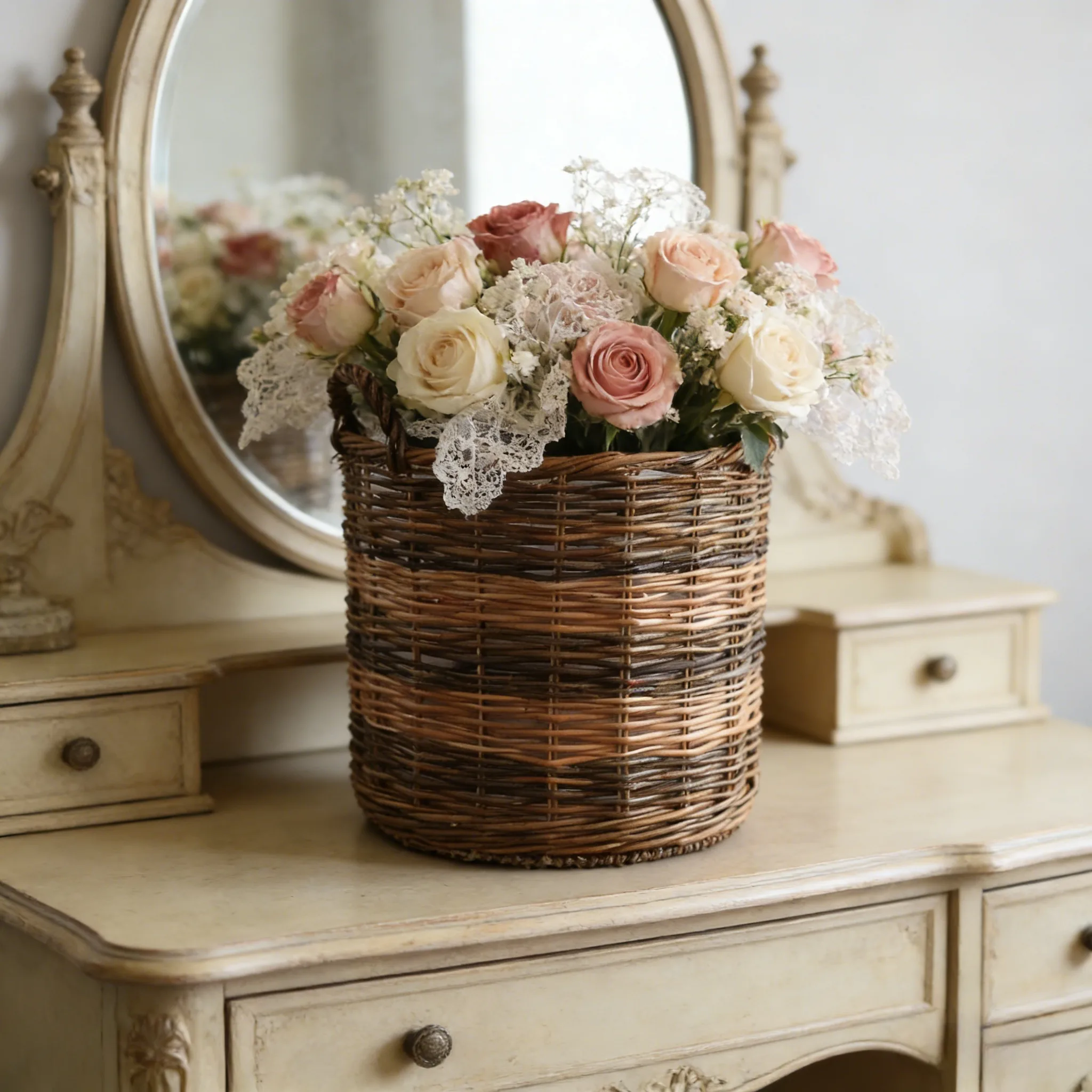 Individuell gestalteter Vintage-Blumenkorb aus Weide mit farbigem Flechtmuster, verschiedenen Größen und Markenlogo 1