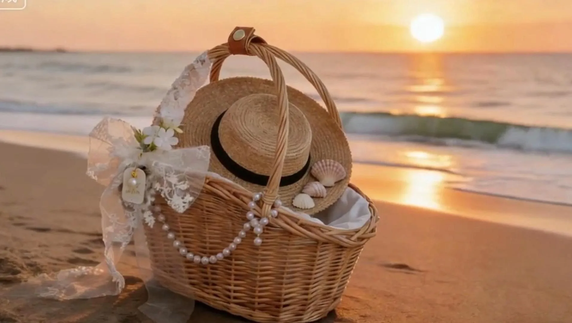 Custom Wicker Lace Pearl Handheld Basket with Leather Handle 1