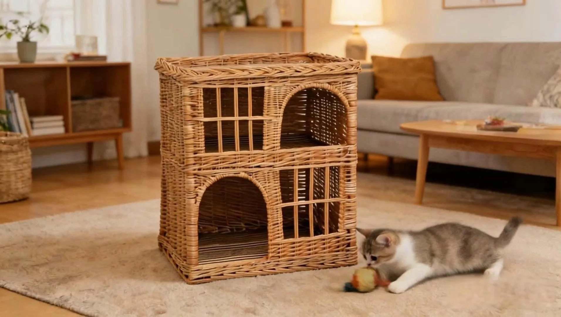 Nid pour animaux de compagnie en osier tressé à double couche avec portes cintrées artisanales, conçu pour plusieurs animaux de compagnie 1