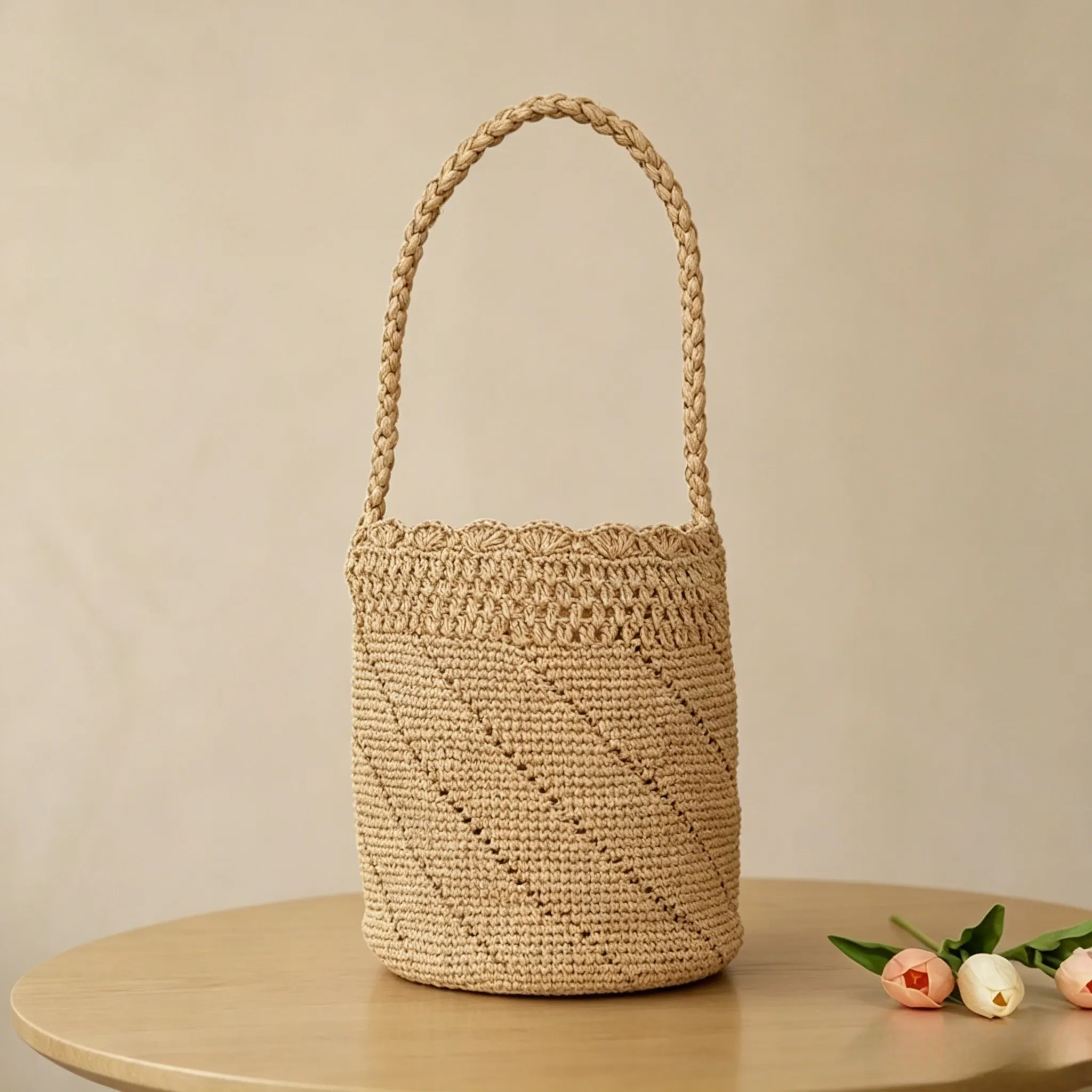 Basketgem Handwoven Diagonal Hollow Out Raffia Bucket Bag With Scallop Edge Summer Shoulder Bag 1