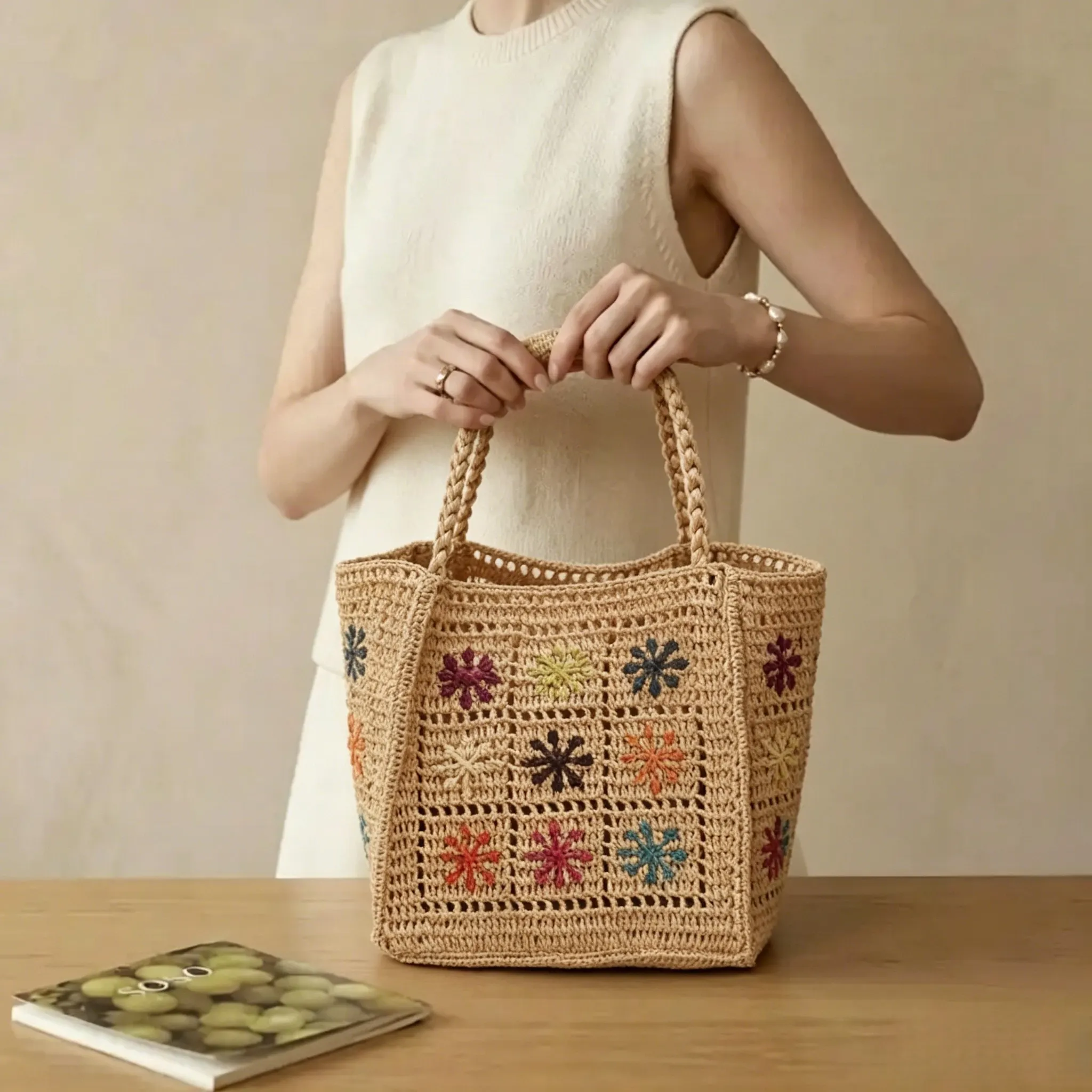 Handwoven Hollow Out Snowflake Raffia Tote Bag Lightweight Summer Woven Shoulder Bag 1