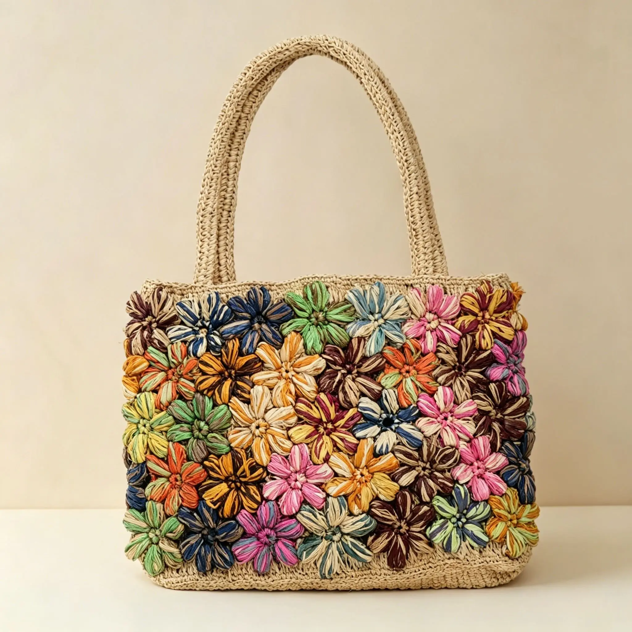 Handmade Raffia Tote Bag With 3D Colorful Flowers Bohemian Vacation Woven Shoulder Bag 1