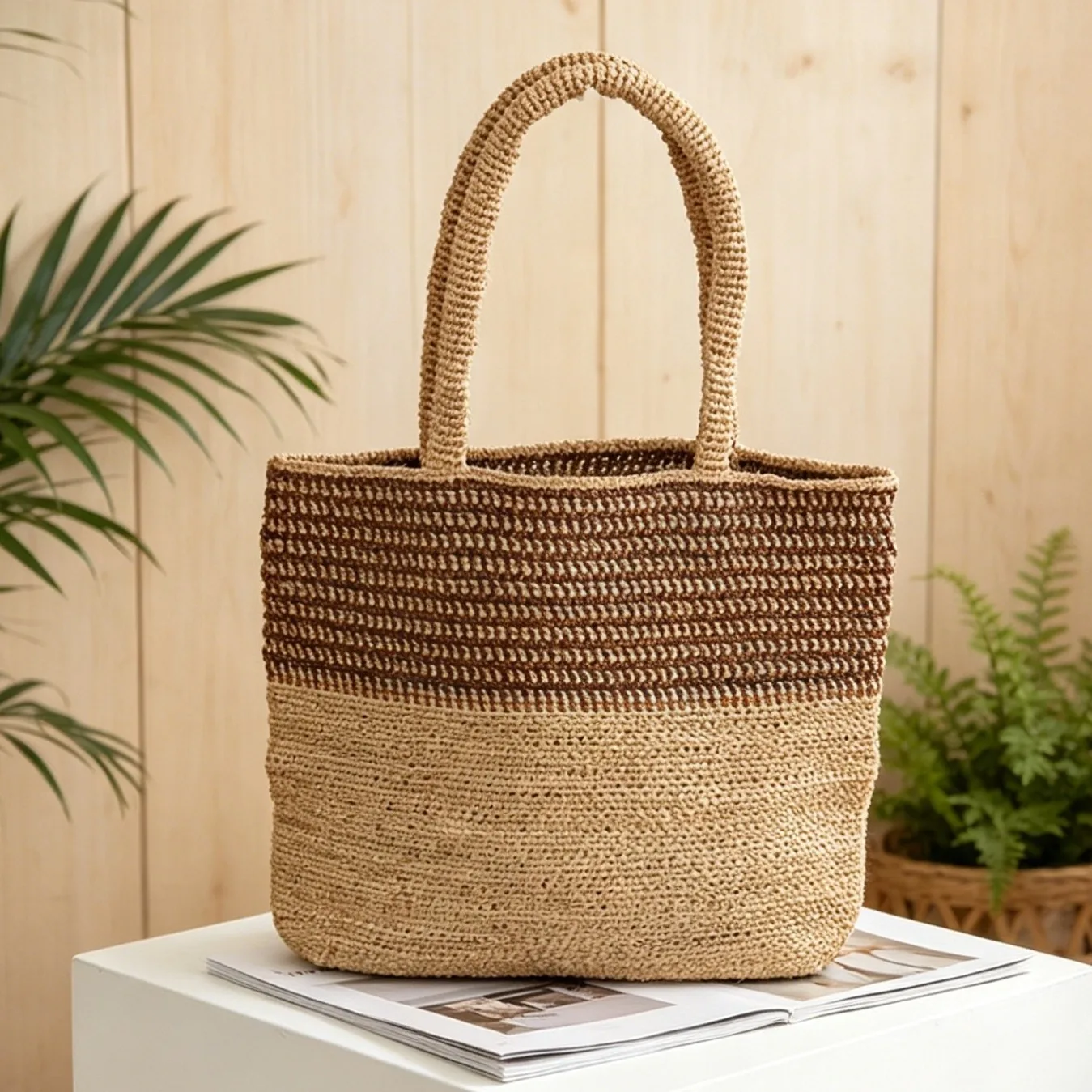 Handcrafted Striped Color Block Raffia Tote Bag Large Capacity Casual Daily Shoulder Bag Size All-match 1