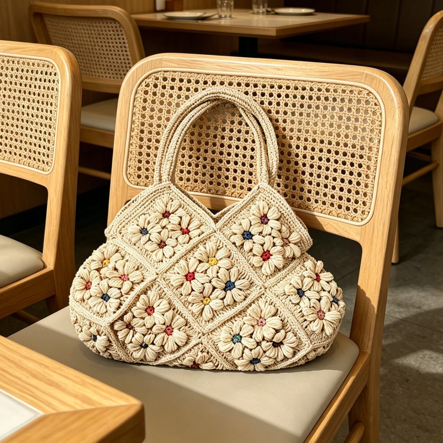 Handmade Granny Square Floral Raffia Handbag Retro Pastoral Style Woven Bag  Vintage Knitted Handbag For Holiday & Daily Wear 1