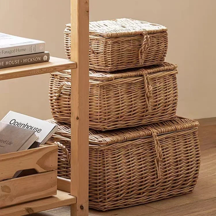 Boîte de rangement en osier avec couvercle, panier de rangement en osier à double poignée, bac de rangement tissé à la main pour la maison, disponible en tailles personnalisées 1