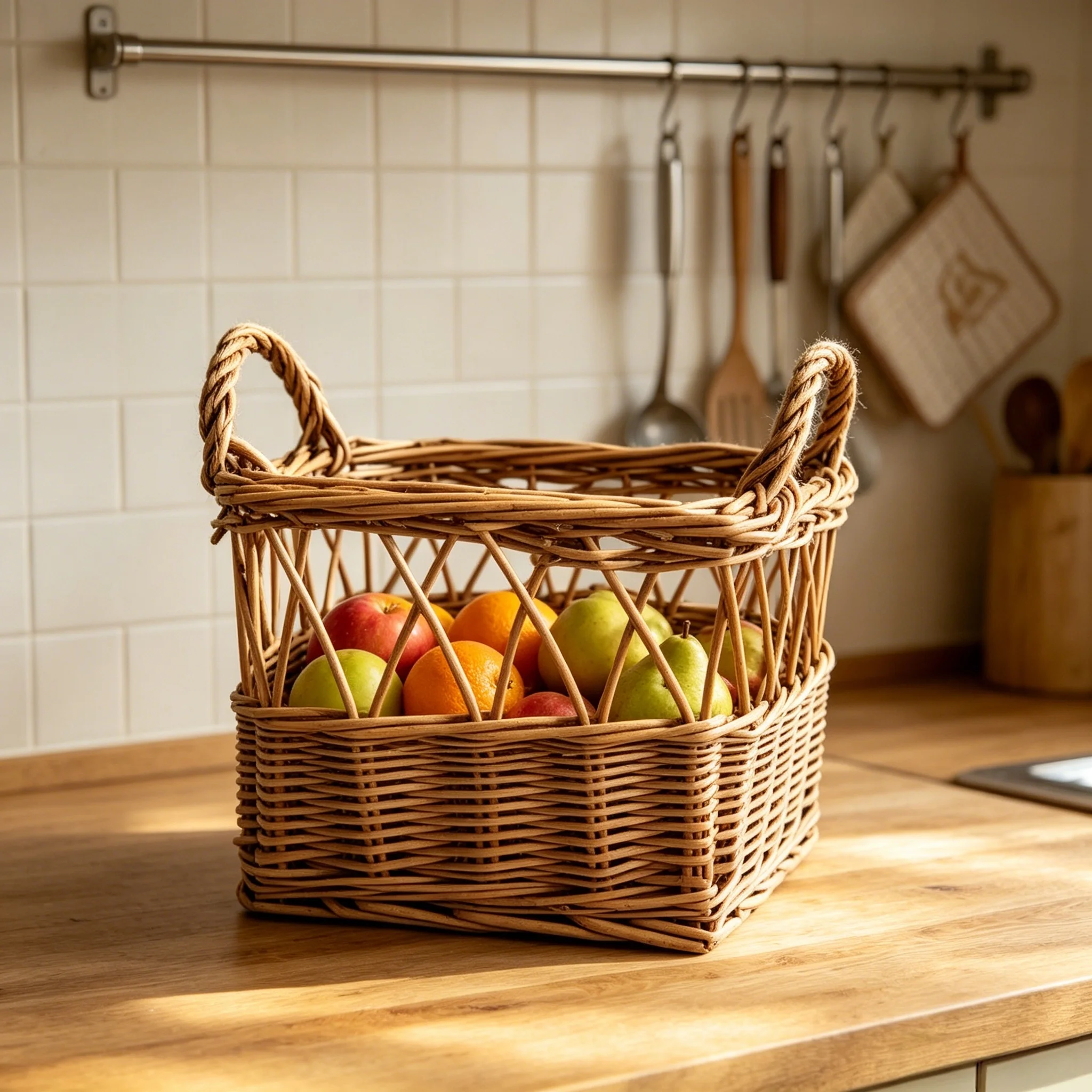 Diamond Hollow Out Wicker Storage Basket, Double Ear Handheld Willow Basket, Natural Handwoven Basket in Multiple Sizes 1