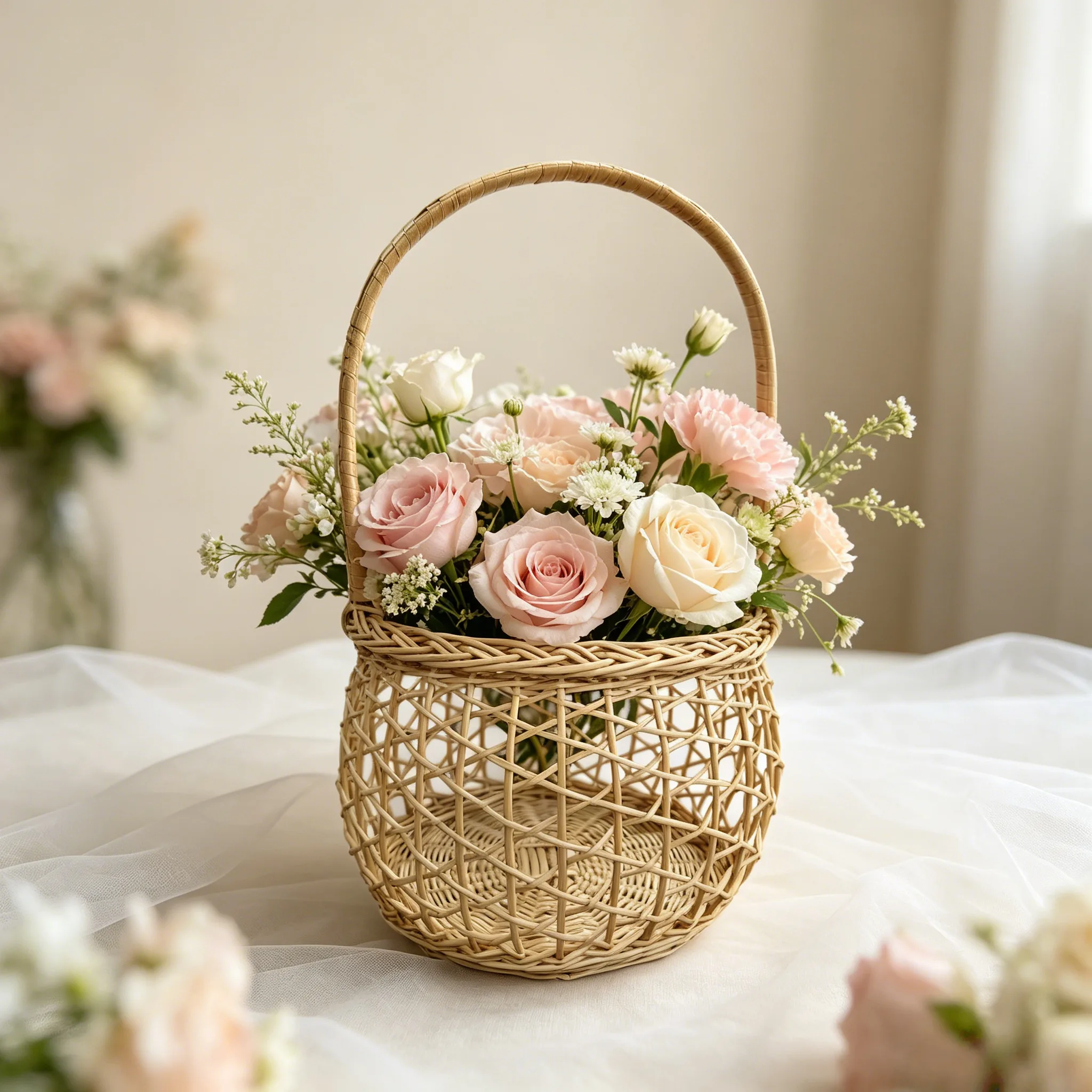 Cesta redonda de mimbre con rejilla, cesta floral de sauce con asa larga, cesta tejida de mano para arreglos florales, Basketgem 1