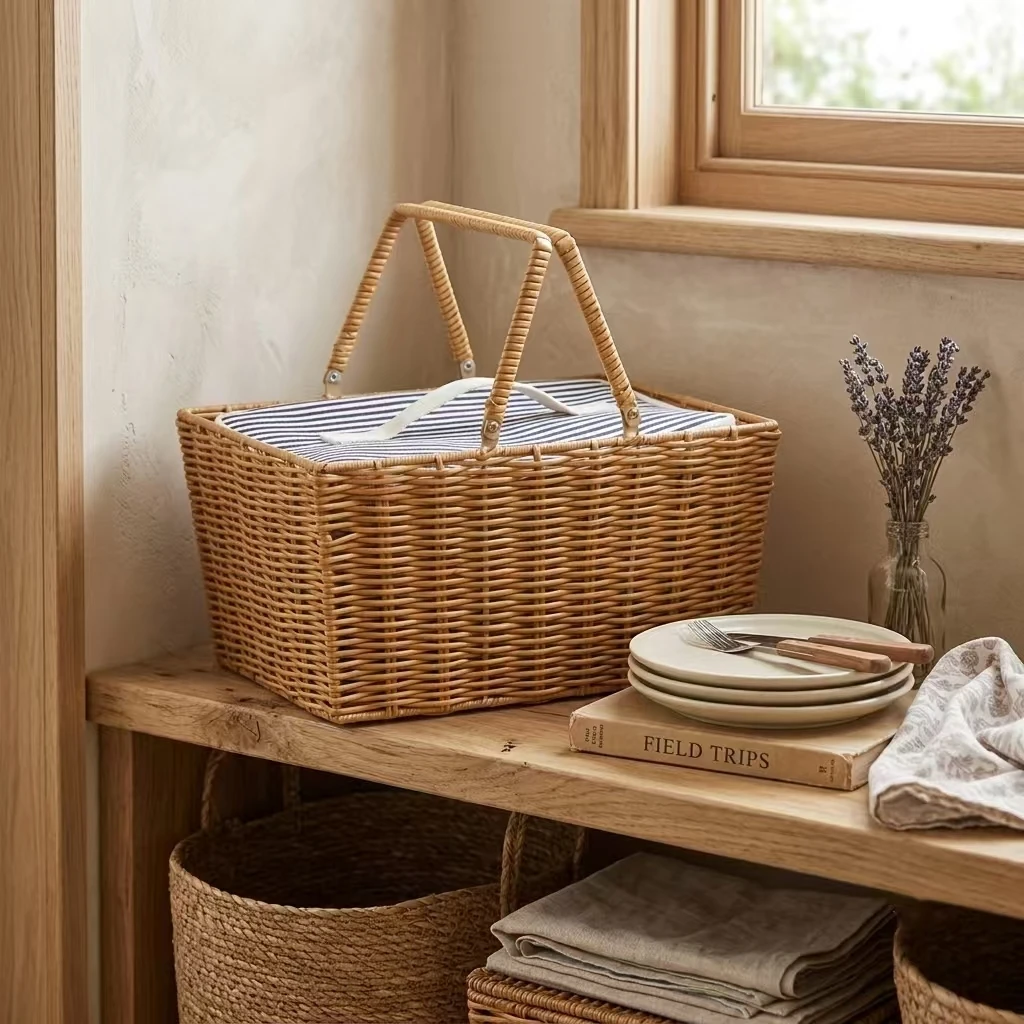Vintage geruite plastic rotan opbergmand | Handgeweven boodschappen- en picknickmand 1