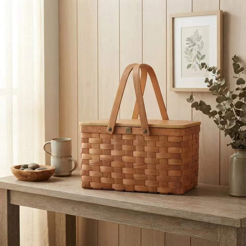 Op maat gemaakte, handgeweven houten picknickmand met afneembaar deksel en geïsoleerde binnenvoering. 1
