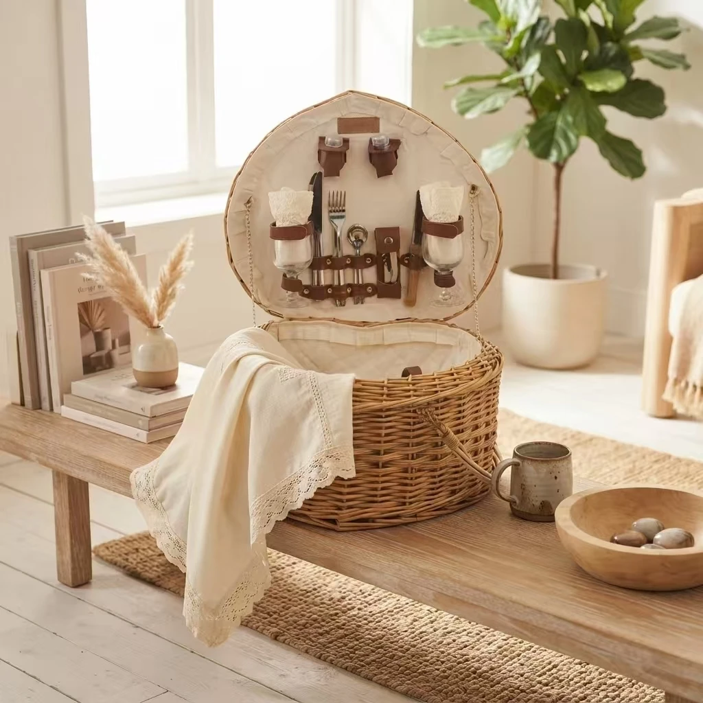 Vintage hartvormige handgeweven rieten picknickmand met bijpassend servies | Rustieke opbergmand als cadeau 1
