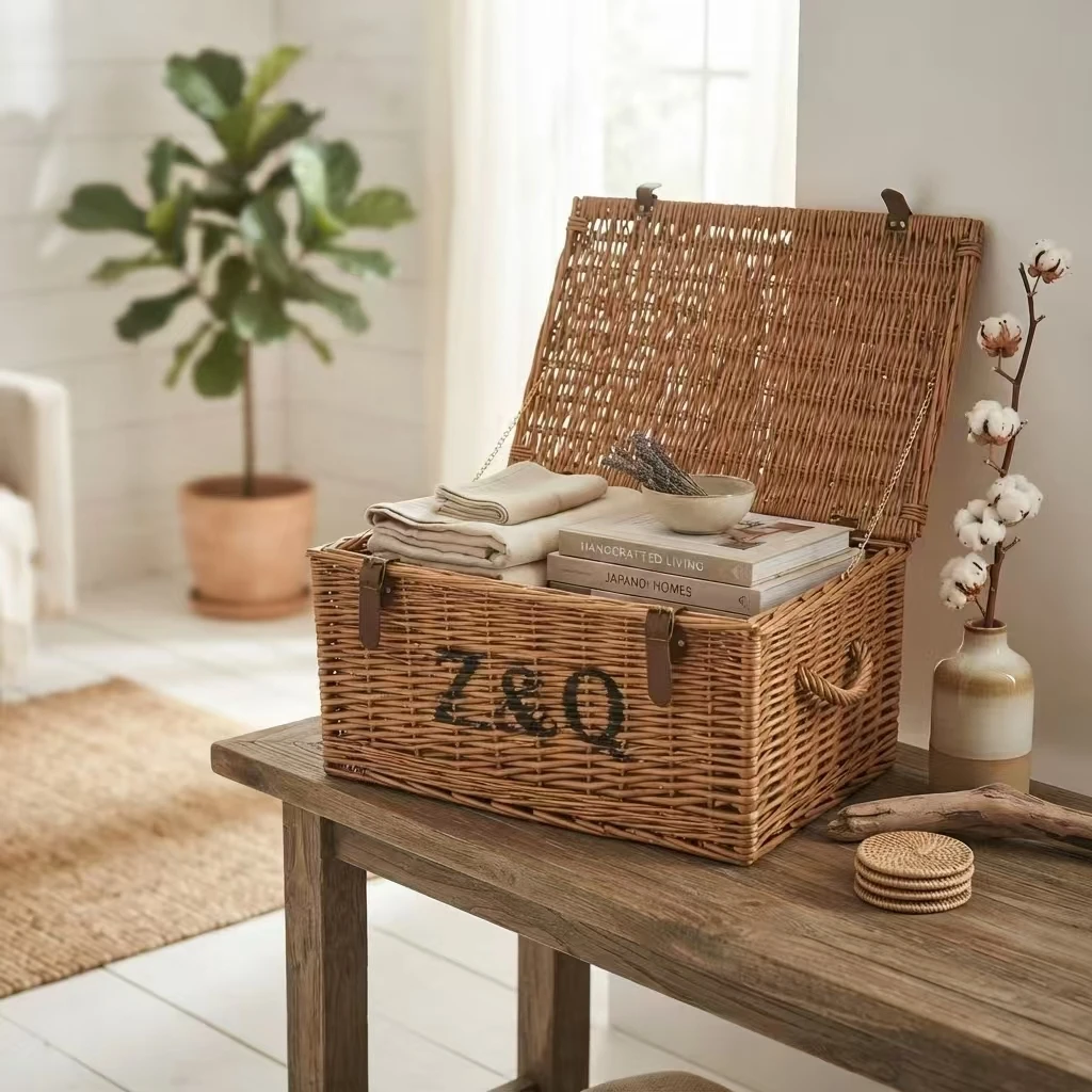 Håndflettet picnic- og opbevaringskurv med pilemotiv, specialdesignet og kreativ gave 1