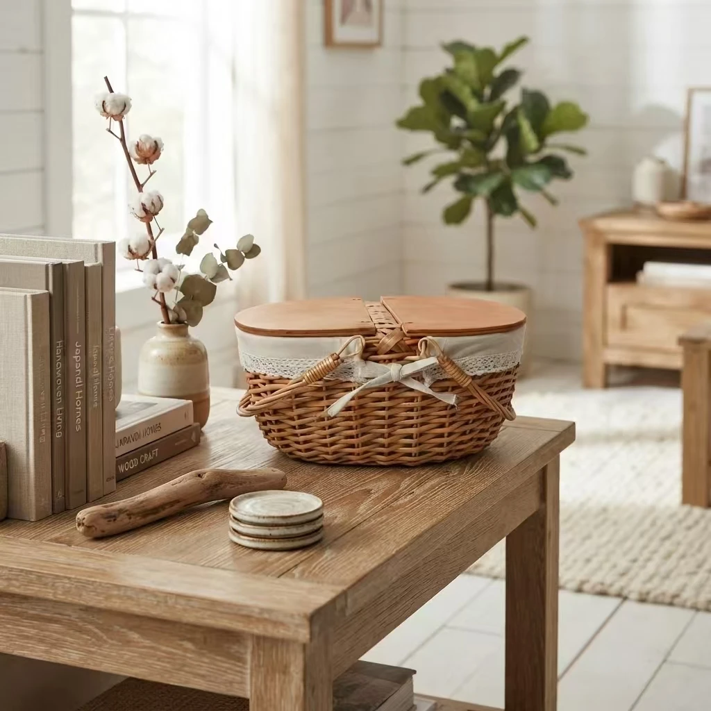 Handgeweven wilgenhouten geschenk- en opbergmand voor picknicks met houten klapdeksel | Ronde rustieke mand 1