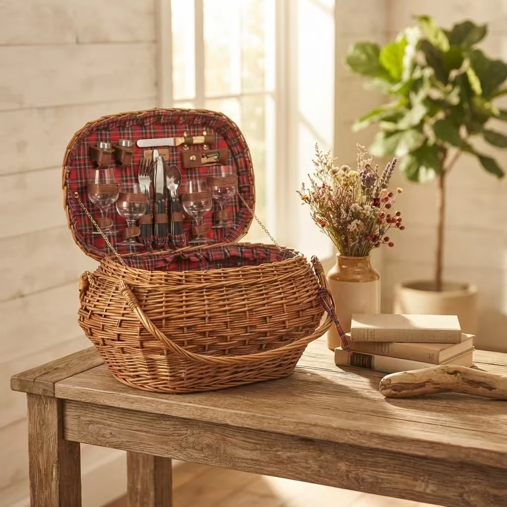 Grote, handgeweven wilgenhouten picknickmand met complete serviesset | Ovale opbergmand voor buiten 1